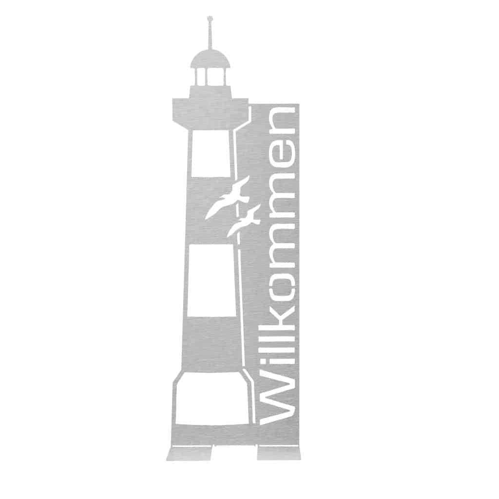 Edelstahl-Willkommen-Schild mit Leuchtturm-Design, perfekt für den Eingangsbereich, erhältlich in Cortenstahl oder Edelstahl, bietet maritime Eleganz und stilvolle Begrüßung.