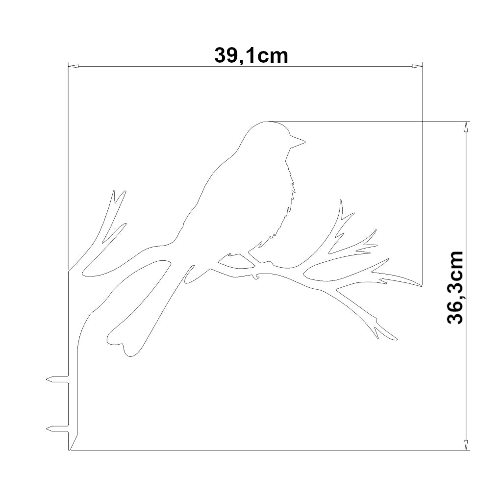 Metallische Silhouette eines friedlich ruhenden Spatzes auf einem Ast, Maße 36,3 x 39,1 cm, verfügbar in Cortenstahl und Edelstahl, für Gartendekoration.