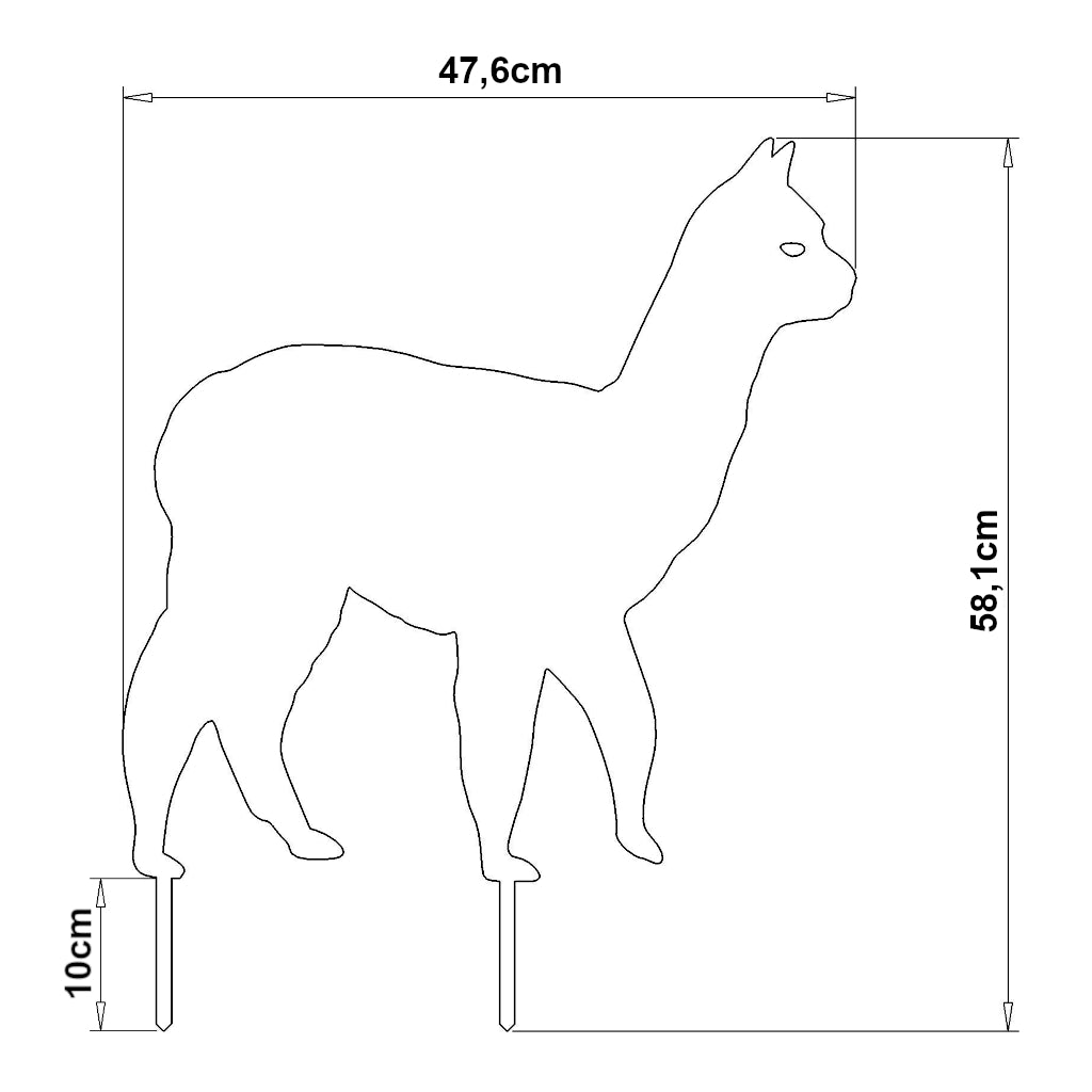 Produktbild des Gartensteckers "Alpaka" von Maigen, Abmessungen 58,1 x 47,6 cm, aus Cortenstahl oder Edelstahl, seitlich abgebildet mit Erdspießen, perfekte Ergänzung für zeitlosen Charme und Eleganz im Garten.