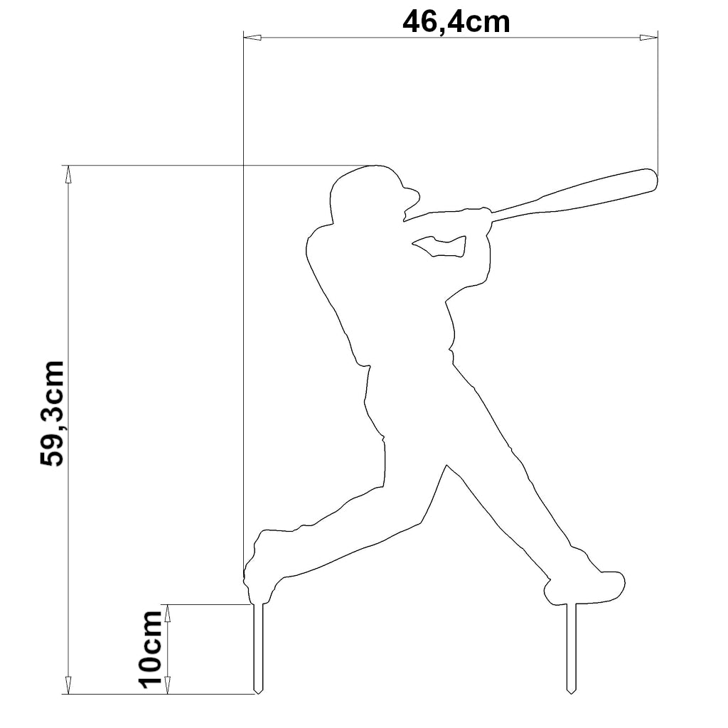 Silhouette des Gartensteckers Baseballer mit den Maßen 59,3 cm Höhe und 46,4 cm Breite, inklusive Erdspieße von 10 cm, aus Cortenstahl oder Edelstahl gefertigt, in dynamischer Baseballschläger-Pose