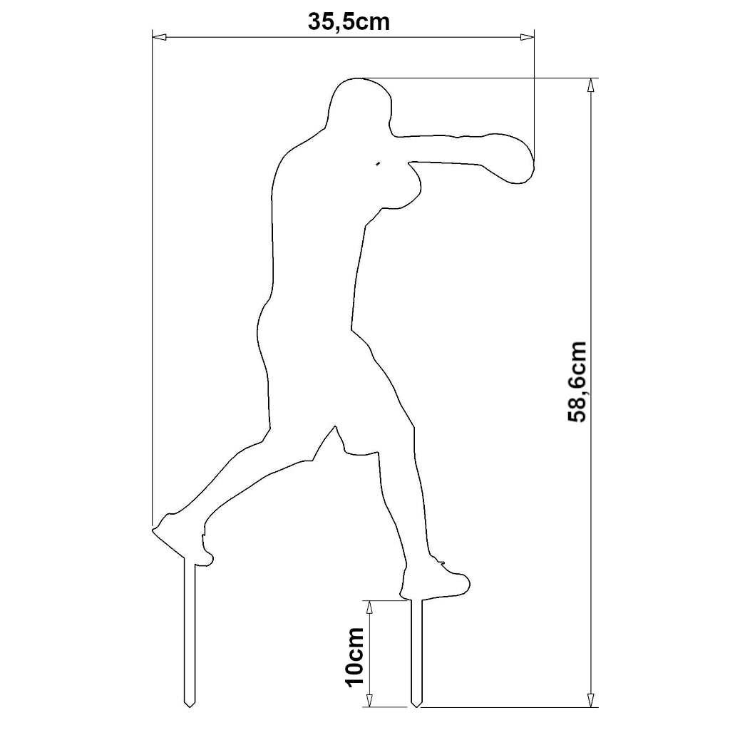 Technische Zeichnung des Gartensteckers "Boxkämpfer" von Gartenmoebel und Gartenliving, Maße: 58,6 x 35,5 cm (HxB inkl. Erdspieße).