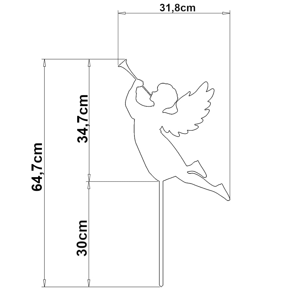 Gartenstecker Engel Abmessungen 64,7 x 31,8 cm Höhe x Breite inklusive 30 cm Erdspieß, Materialstärke 2 mm, verfügbar in Cortenstahl Edelrost und Edelstahl, ziehzeit nachhaltige Edelrost-Patina für himmlische Engel Eleganz im Garten.