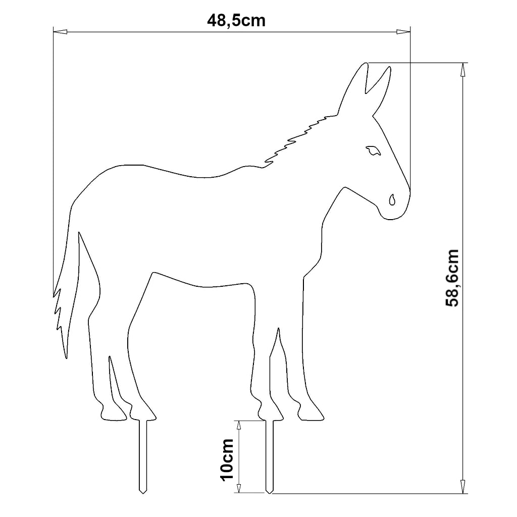 Maßzeichnungen des Gartenstecker Esel aus Cortenstahl oder Edelstahl, 58,6 cm hoch und 48,5 cm breit.