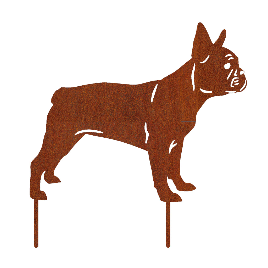 Gartenstecker mit der Silhouette einer Französischen Bulldogge aus Cortenstahl, Maße 49 x 47 cm, Materialstärke 2 mm, idealer stilvoller Blickfang für den Garten von .