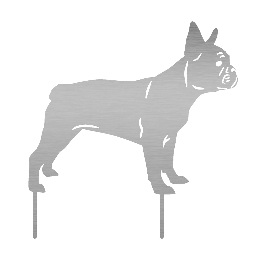 Gartenstecker Französische Bulldogge aus Edelstahl, Maße 49x47 cm, Materialstärke 2 mm, klar konturierte und stilvolle Darstellung der Hundebeschaffenheit, ideal zur dekorativen Ergänzung im Garten.