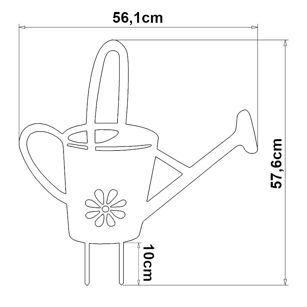 Abbildung der Maße des "Gartenstecker Gießkanne" von Gartenzauber, einem dekorativen Gartenelement in Form einer Gießkanne. Die Abmessungen sind 57,6 cm (Höhe inklusive Erdspieße) x 56,1 cm (Breite) und 10 cm Erdspieße. Verfügbar in Materialien Cortenstahl und Edelstahl.