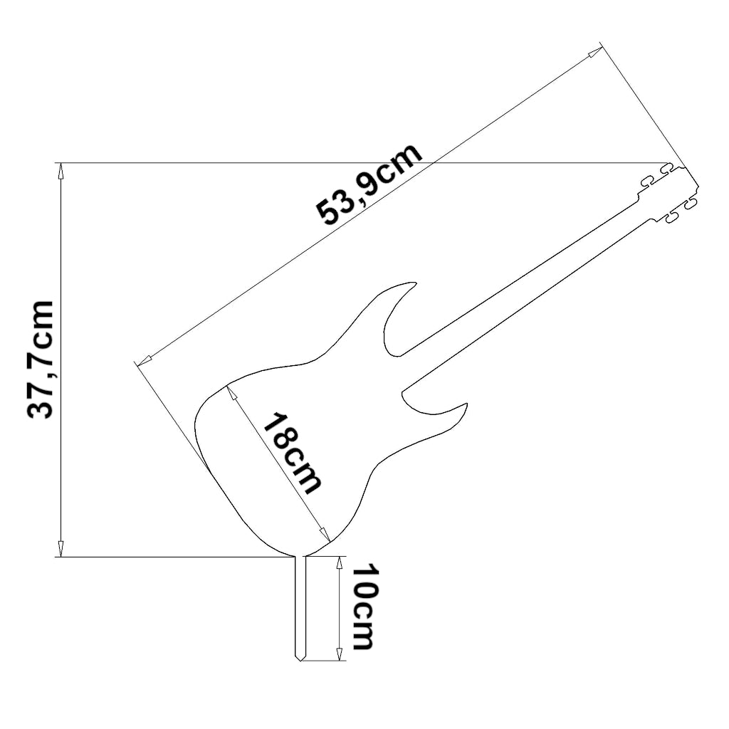 Abmessungen des Gartensteckers "Gitarre" von 53,9 cm Breite und 37,7 cm Höhe mit einer Materialstärke von 2 mm und Erdspießen von 10 cm dargestellt auf einer Skizze. Verfügbar in Cortenstahl (Edelrost) und Edelstahl.