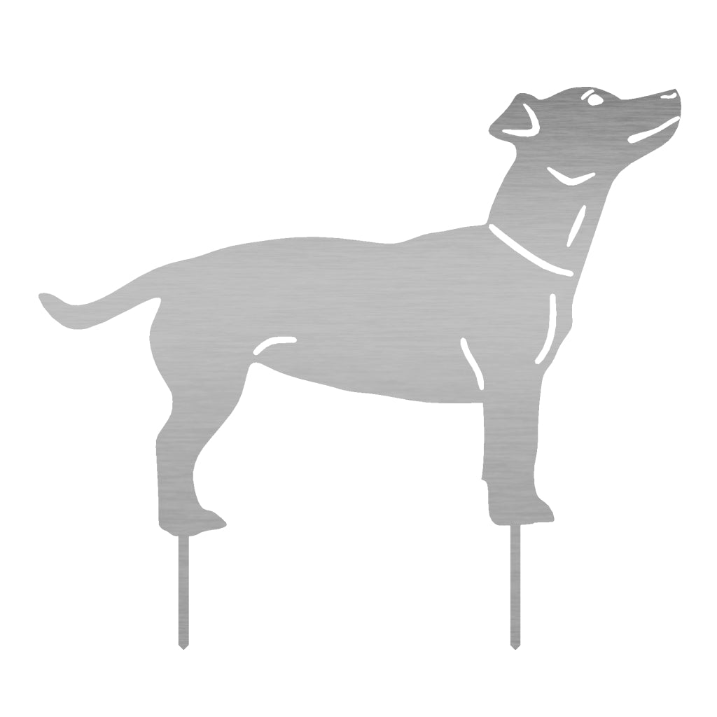 Gartenstecker Jack Russell Terrier aus Edelstahl, 49,6 x 56,6 cm, symbolisiert die lebhafte und unerschrockene Natur des Jack Russell Terriers, verfügbar in Cortenstahl und Edelstahl, ideal als Dekoration im Garten von .