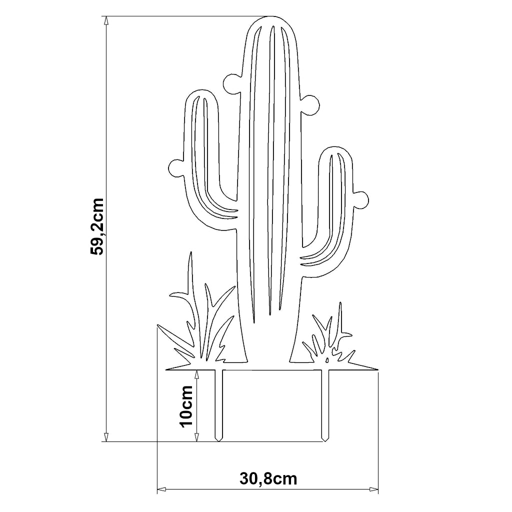 Maßzeichnung des Gartensteckers Kaktus mit den Maßen 59,2 cm Höhe und 30,8 cm Breite inklusive Erdspieße, geeignet für Garten-Deko aus Cortenstahl oder Edelstahl.