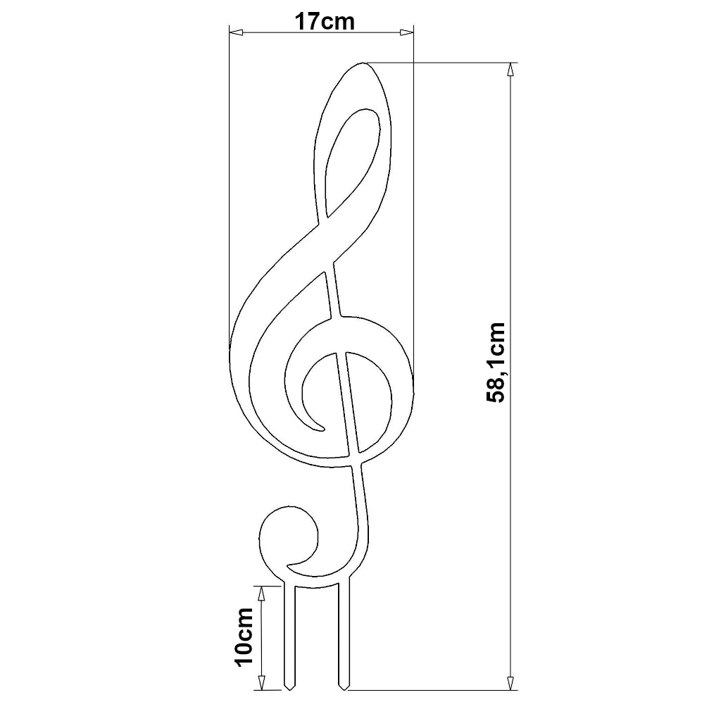 Gartenstecker Notenschlüssel in den Maßen 58,1 x 17 cm, aus Cortenstahl oder Edelstahl, filigranes Design.