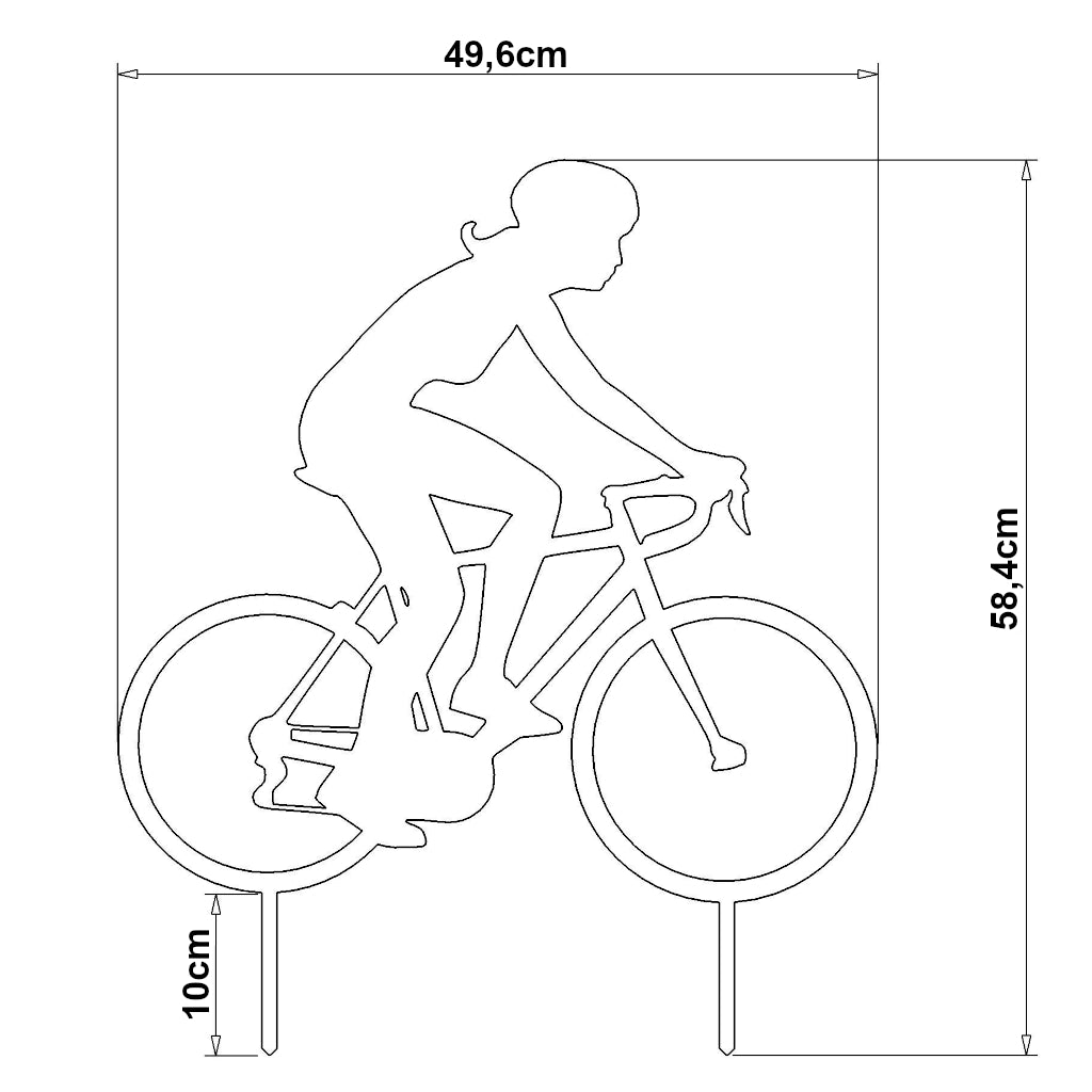 Maße des Gartensteckers Radfahrerin: 49,6 cm Breite, 58,4 cm Höhe, 10 cm Bodenstecker.