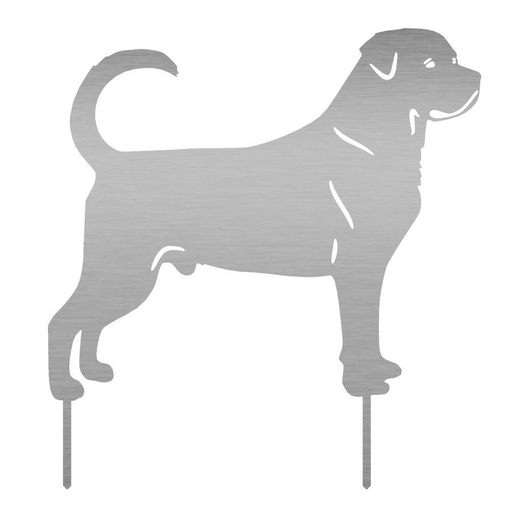 Gartenstecker Rottweiler aus Edelstahl mit markanten Konturen, robust und elegant, symbolisiert Schutz und Loyalität im Garten. Maße: 51,5 x 48,4 cm, Materialstärke: 2 mm.