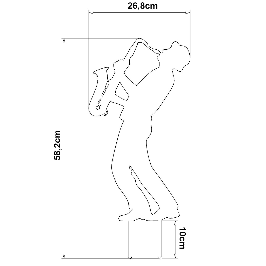 Gartenstecker Saxophonist aus Cortenstahl oder Edelstahl in den Maßen 58,2 x 26,8 cm, Darstellung eines spielenden Saxophonisten, ideal für musikalische Eleganz im Garten.