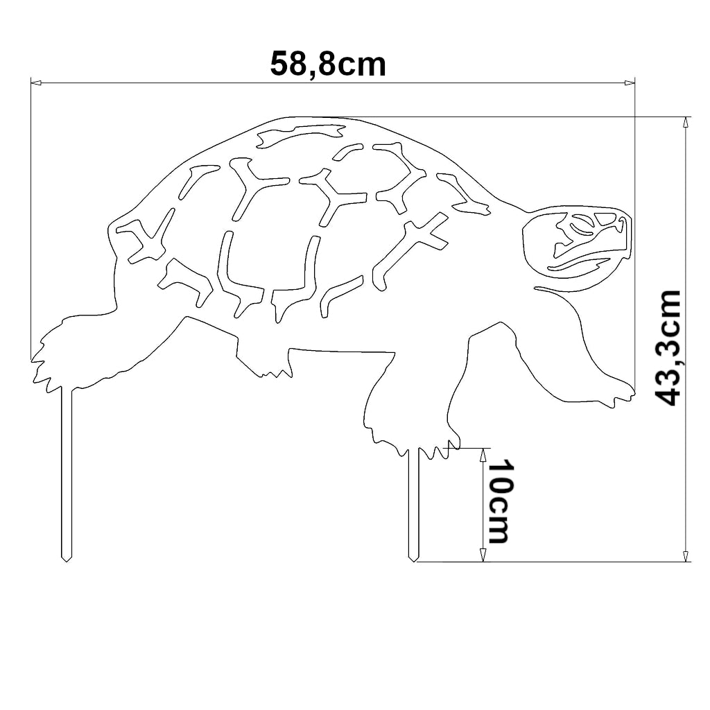 Technische Zeichnung des Gartensteckers Schildkröte von Acme Gardening, Abmessungen 43,3 x 58,8 cm, Materialstärke 2 mm, erhältlich in Cortenstahl und Edelstahl.