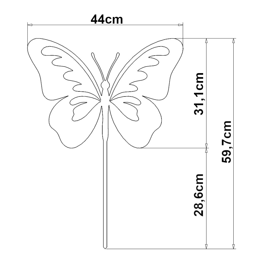 Bemaßte Zeichnung eines Gartensteckers mit dem Motiv eines Schmetterlings in Frontalansicht