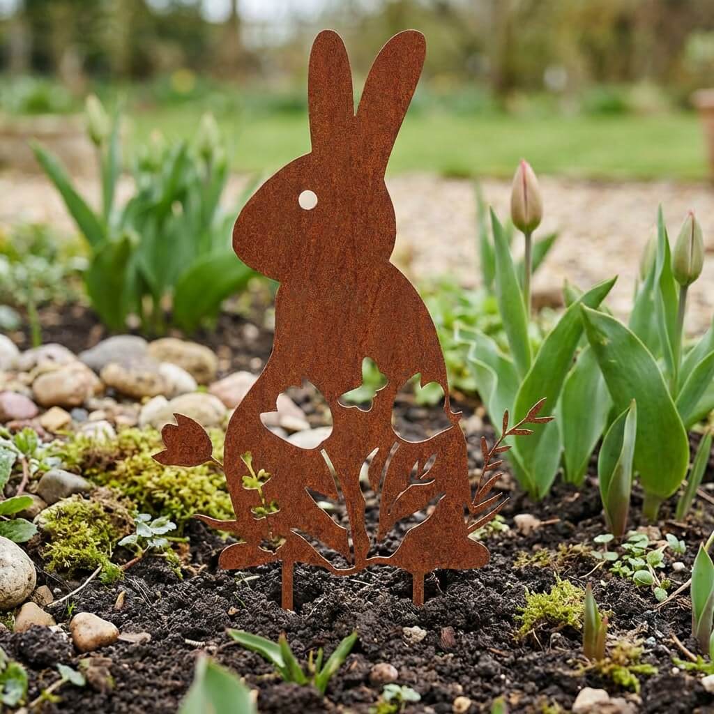 Gartenstecker Osterhase in Blumen