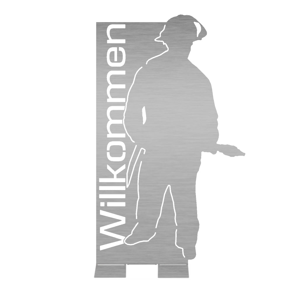 Metallisches Willkommensschild mit Silhouette eines Feuerwehrmanns und vertikalem "Willkommen" Text, ideal für Feuerwehrstationen oder als Geschenk für Feuerwehrleute