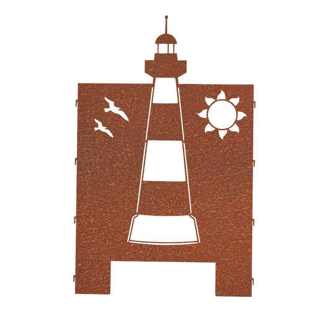 Feuerkorb Ameland aus Cortenstahl mit maritimem Design, zeigt einen Leuchtturm, Möwen und eine Sonne.